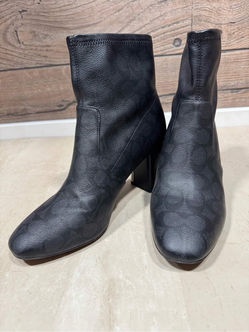 Coach Black Signature Leather Block-Heel Ankle Boots